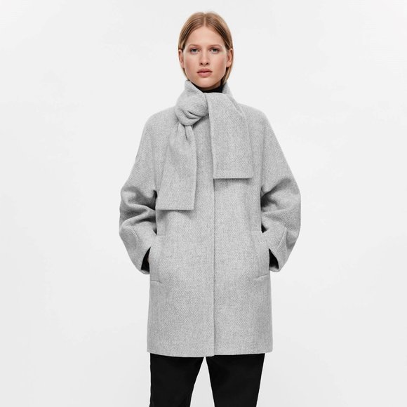 COS Light Grey Winter Cocoon Coat with Scarf Collar - Picture 1 of 4